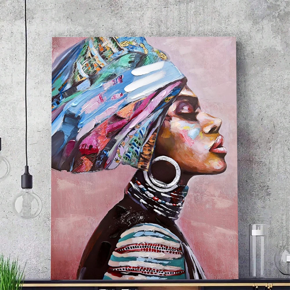 Large canvas african american black girl oil painting colorful modern woman painting