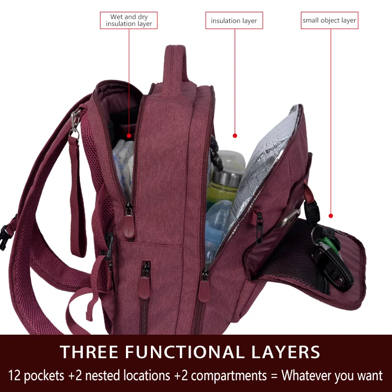 Многофункциональная уличная сумка для мам из полиэстера, сумка для детских подгузников, вместительный рюкзак для мам, сумки OEM, индивидуальный Органайзер с подогревателем для бутылок