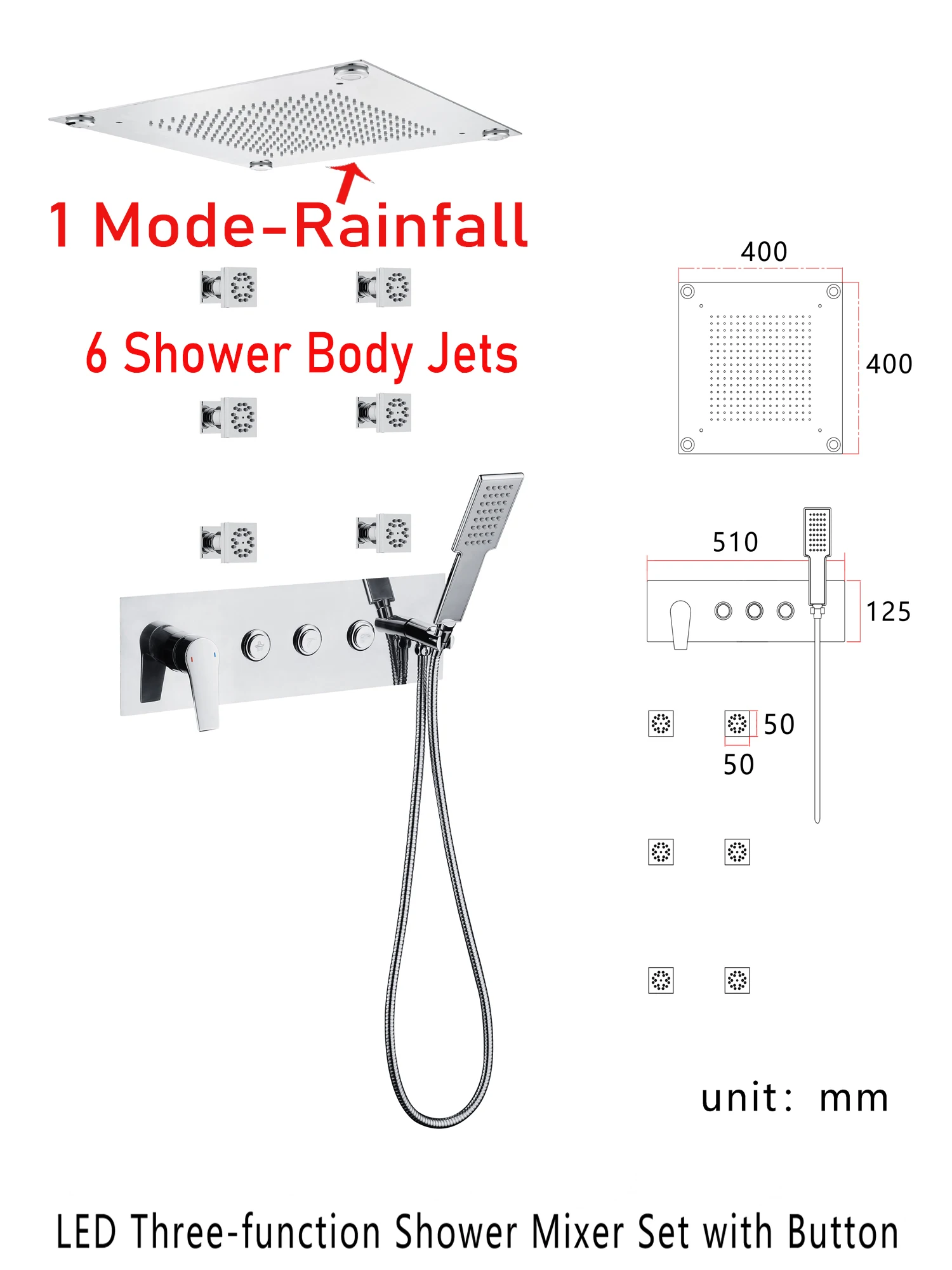 LED Bathroom Rainfall Shower System SPA Waterfall Mist Multifunction Brass Diverter Valve Shower Set