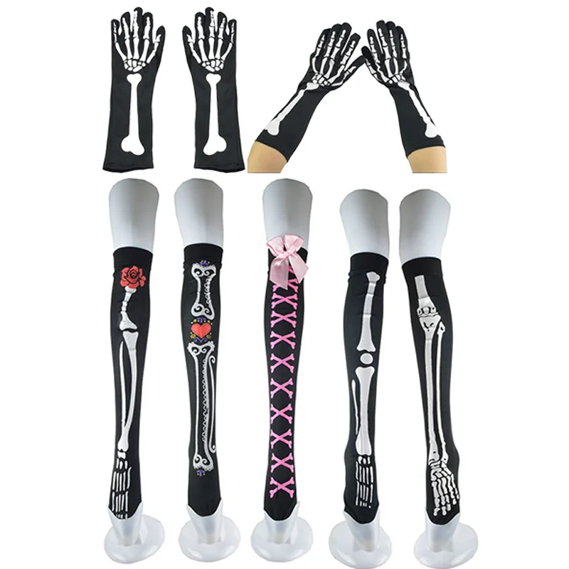 Halloween Printed Skeleton Anime Costumes Pantyhose Bone Glove Cuff Tube Socks With Skeleton Design