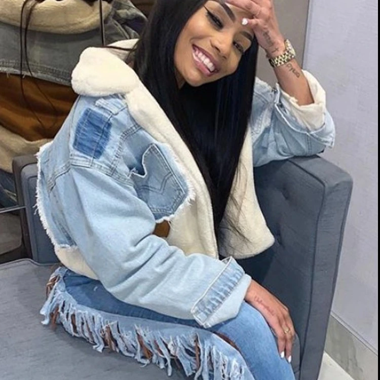 Women Cheap Lamb Wool Sherpa Fleece Jacket Denim Splicing Pocket Long Sleeve Denim Jacket sheepskin Coats