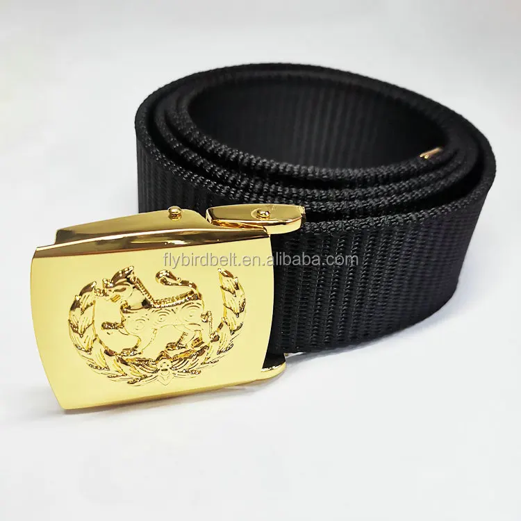 wholesale high quality nylon canvas belt with golden color Lion buckle for cambodia customers