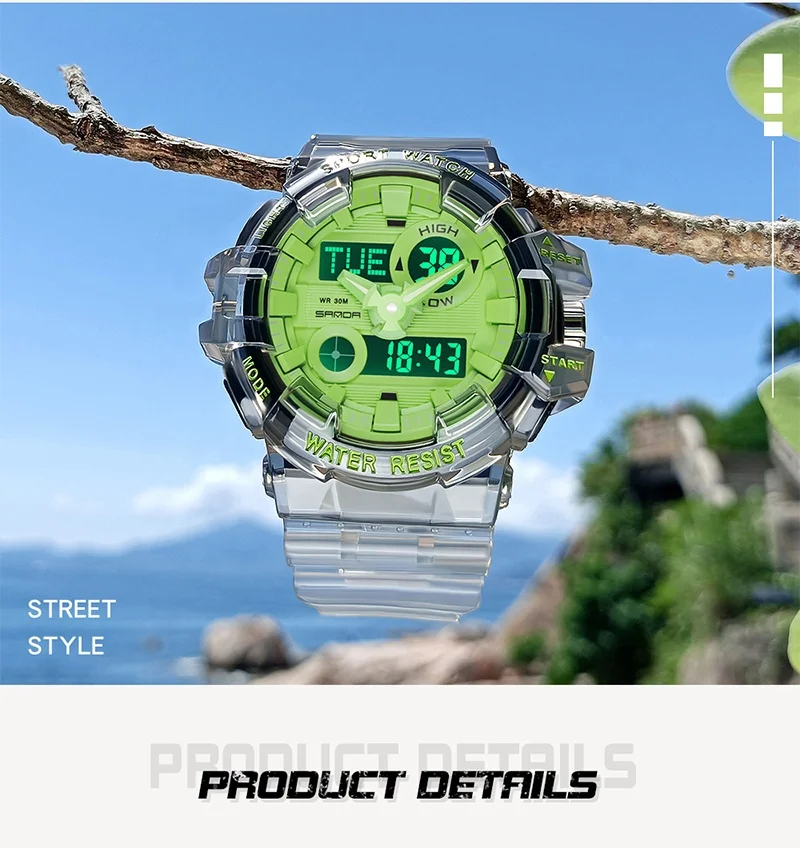 Sanda  3100 multifunctional student electronic watch, youth sweet fashion transparent wristwatch outdoor sports waterproof watch