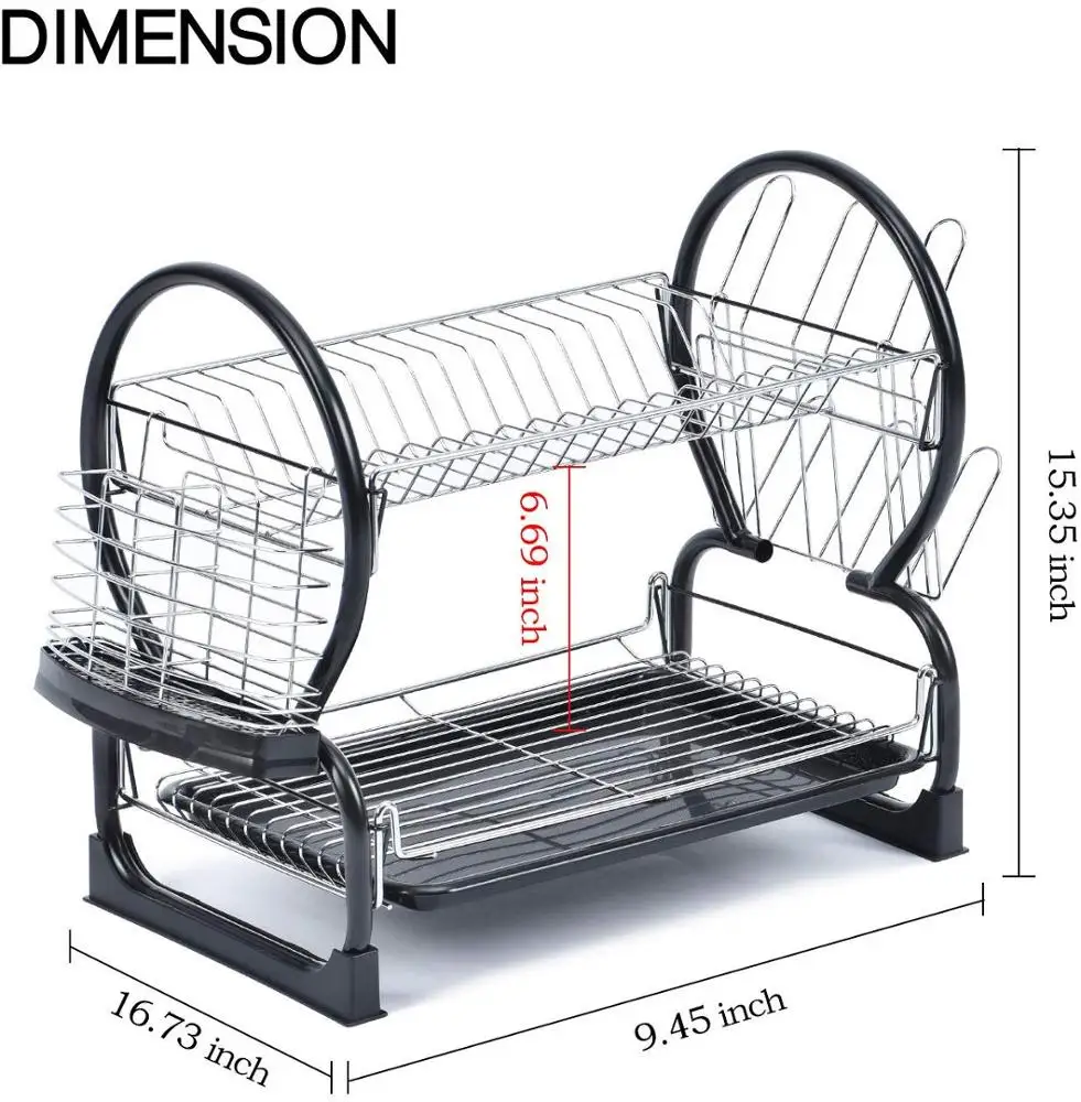 Kitchen big capacity bowl plates hold detachable 2 tier black metal dish rack with tray