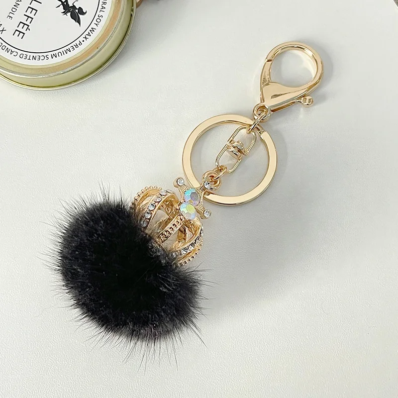 2022  Mink Hair Ball Pompom Crown Diamond  Keychain Lady Bag Accessories Metal key chain  Gift Bag Decoration Pendant