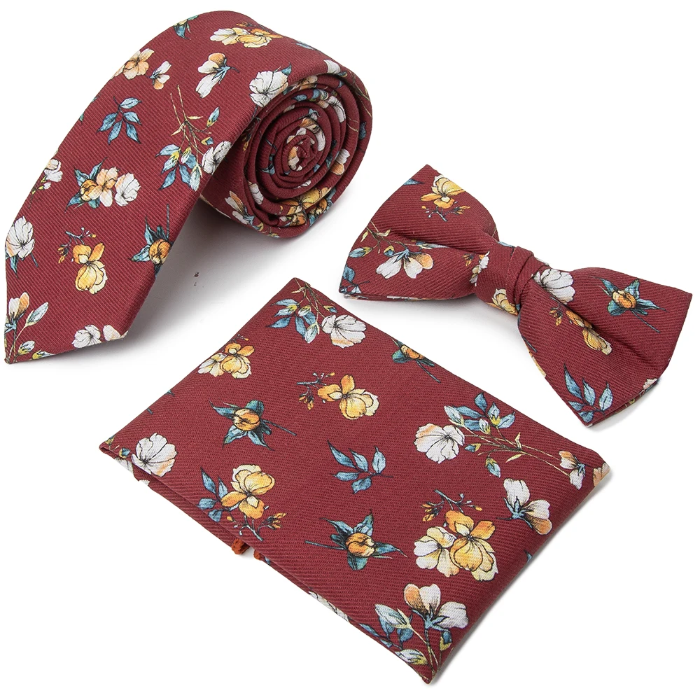 Handmade  High-Quality 100% cotton Floral vintage style tie red Printed necktie for Men groom groomsmen