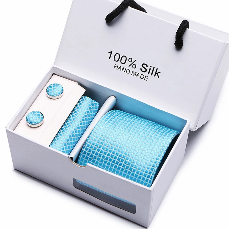 2.95inch(7.5 Cm) Width Plaid Blue Man Tie Handkerchief and Cufflinks Gift Box Packing Many Color