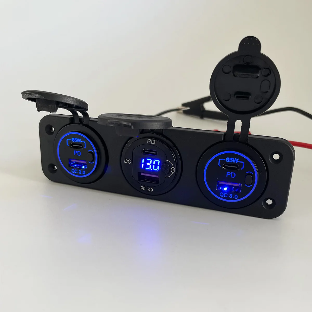 3 holes panel 12V USB-C and USB-A with Voltmeter with switch laptop charger socket