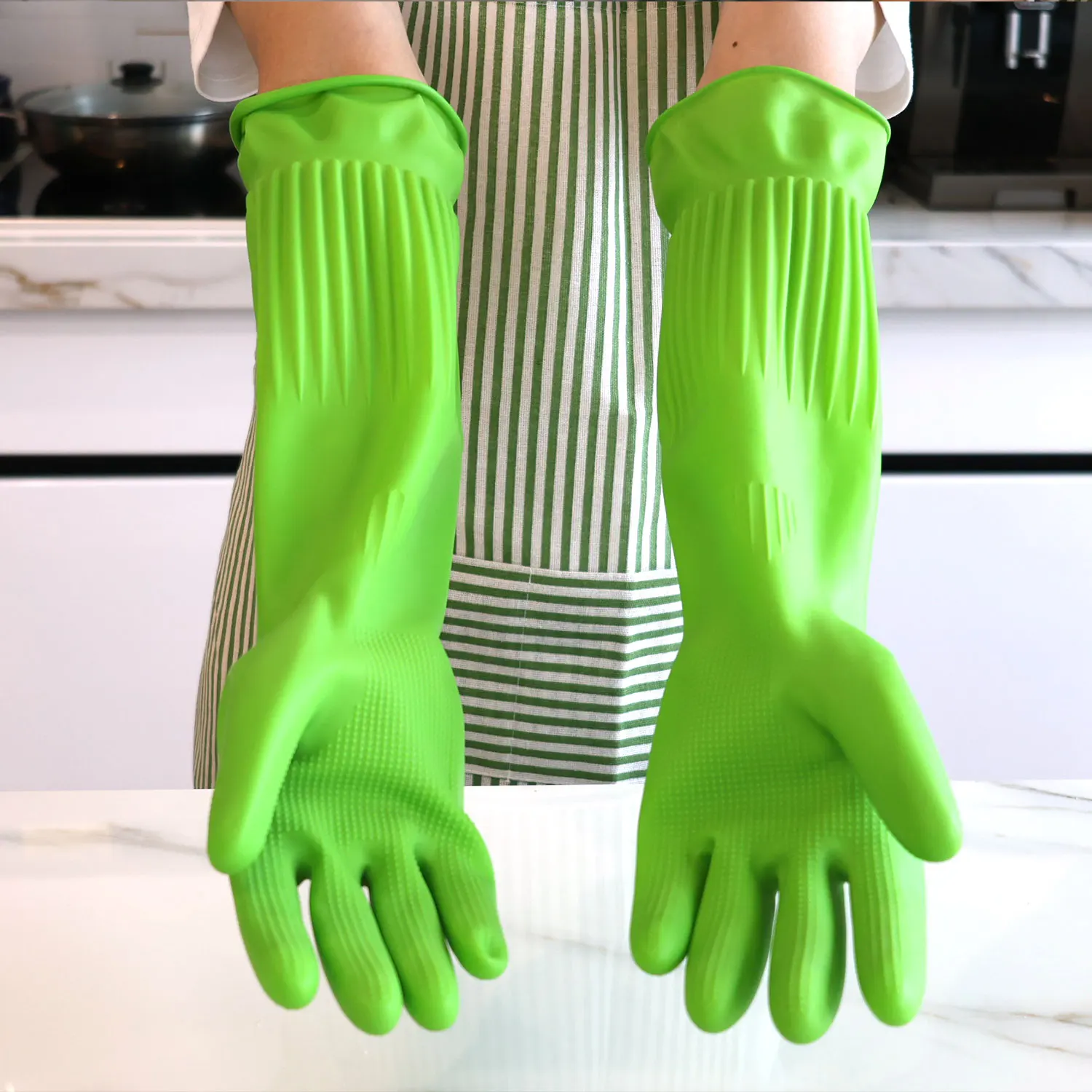 Korean 38cm 45cm heavy duty super soft long elbow sleeve natural rubber latex household kitchen gloves for home dish washing