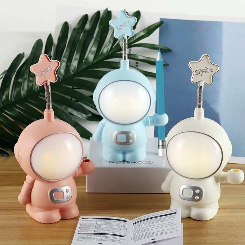 Solid Color New Astronaut Star Shape Reading Light Book Lamp with Pencil Sharpener Pen Holder Gift for Students Kid Birthday