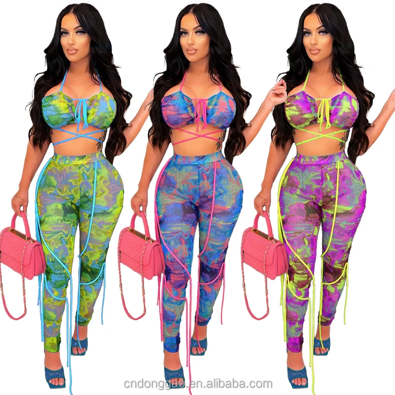 2022 Spring/Summer New Print Tube Two Piece Pants Set Fashion Sleeveless Hollow Out Sexy Suit