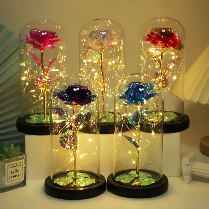 Led Galaxy24k Gold Eternal Rose Light Up Rose Flower Gift Glass Dome Flower Lamp For Home Christmas Decorative Holiday Lighting
