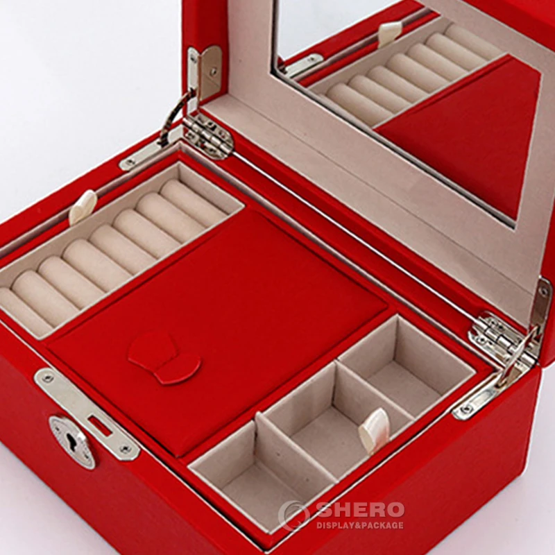 Pu Leather High Capacity Jewelry Storage Case With Mirror 3 Layers Flannel Jewelry Travel Box Big For Women Girls