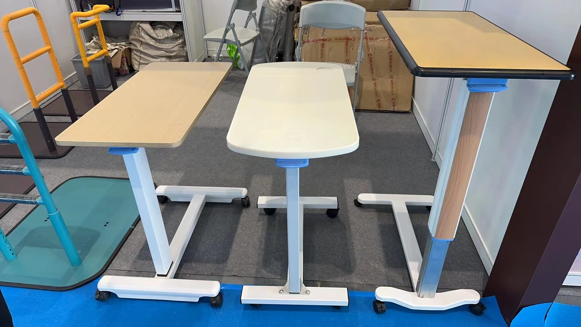 latest gas spring lifting height adjustable medical dinning nurse table computer table cheap hospital overbed table with wheels
