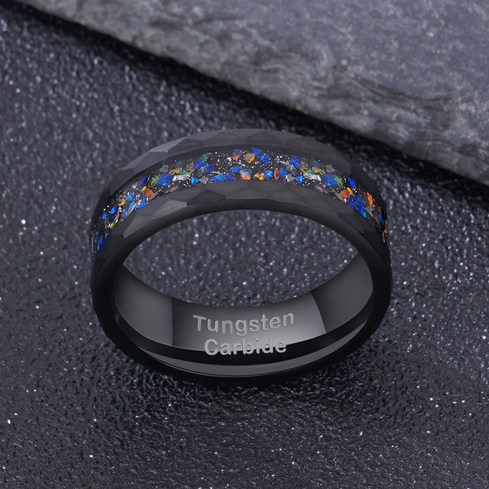 POYA Custom Black Hammered Meteorite Ring Tungsten Galaxy Opal Inlay Luxury Wedding Band for Men
