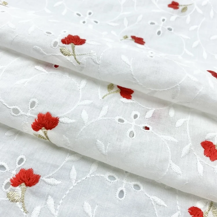 Customized quick-dry white voile cotton eyelet flower embroidery fabric for apparel-shirts blouses