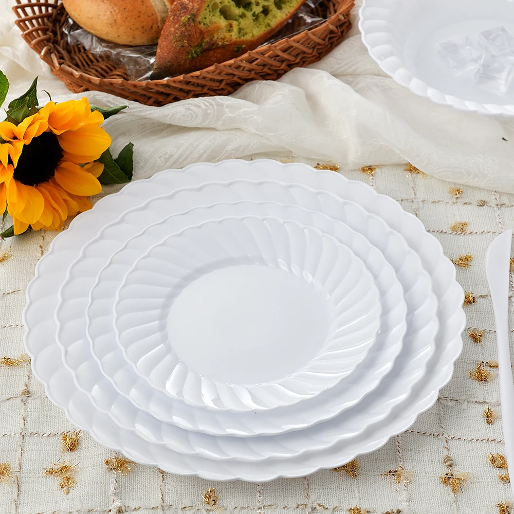 6 inch restaurant disposable round white plastic plates scalloped
