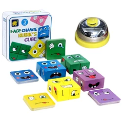 Educational Wooden Expressions Matching Puzzle Face-Changing Magic Cube Building Blocks Game Thinking Training Brain Toy w/ Bell