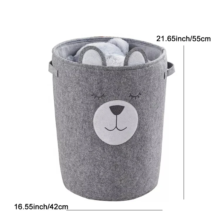 xingma felt animal Home round grey bucket drawstring felt bear laundry baby storage basket foldable