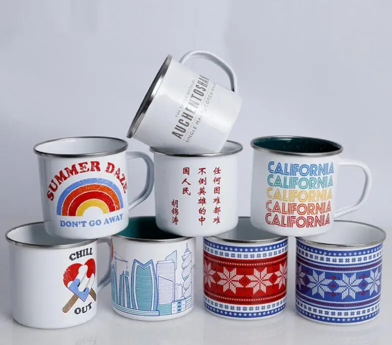 stainless steel Camping Tin Cup, enamel mug cup with stainless steel rim, wholesales Enamel Camping Tin Mug