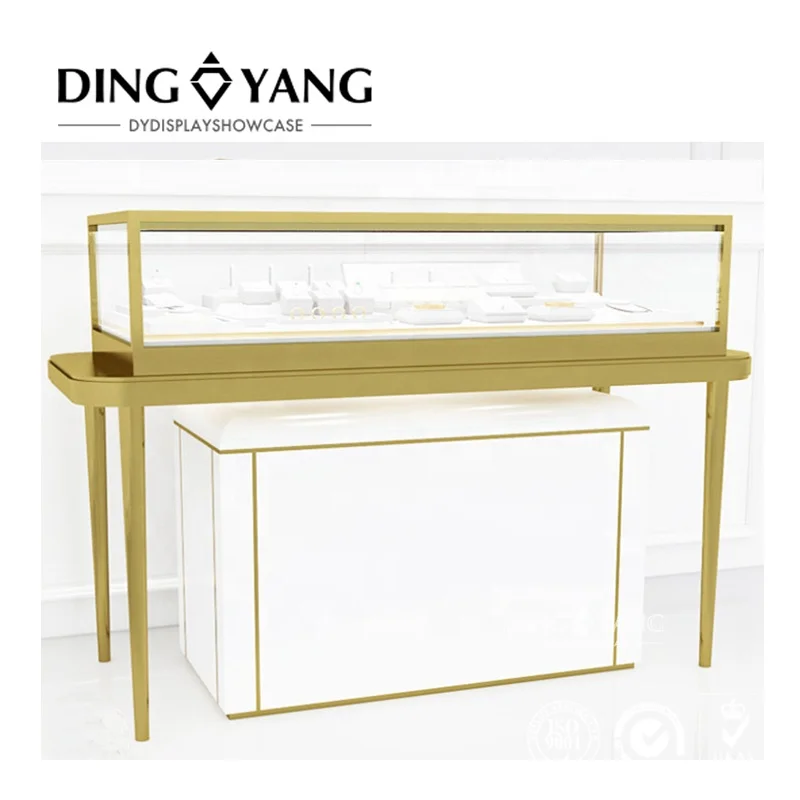 Hot Sell Popular Fashionable Hairline Golden Jewelry Display Countertop Showcase With Locking Bottom Storage