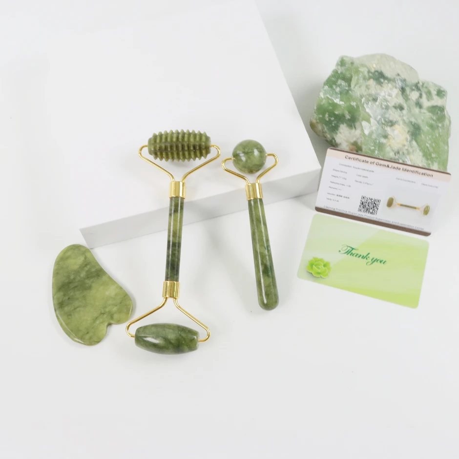 Natural Xiuyan Anti Aging Facial Massage Face Green Jade Roller and Gua Sha Set Tools