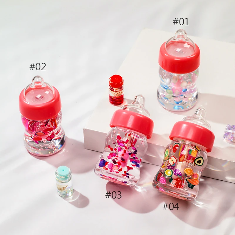 High quality Wholesale Hydrating Kids Cute Baby Bottle Candy Lip Gloss Tubes Lip Oil Plump Private Label Custom Vegan Lip Gloss