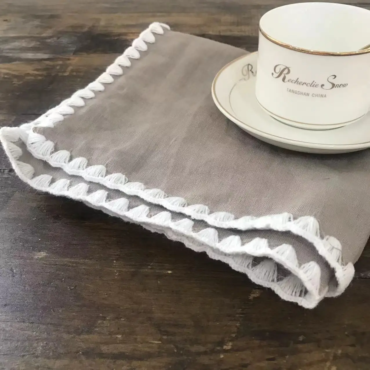 Dinner Restaurant Hemstitch Handkerchief napkin Cloth Embroidery Shell edge napkin White Linen Fabric Table Napkin