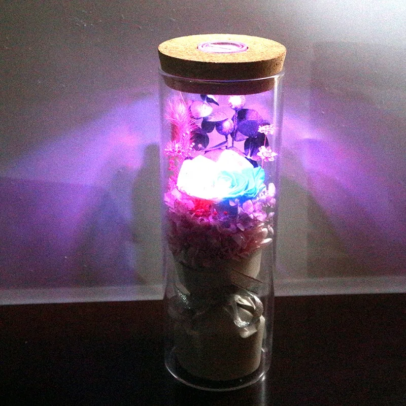rainbow preserved rose flowers in glass wishing bottle with light in red colour single gift box wholesale for valentines