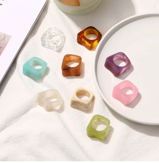 wholesale korean neon resin finger rings fashion geometric women chunky acrylic ring colorful plastic marble rings for girls