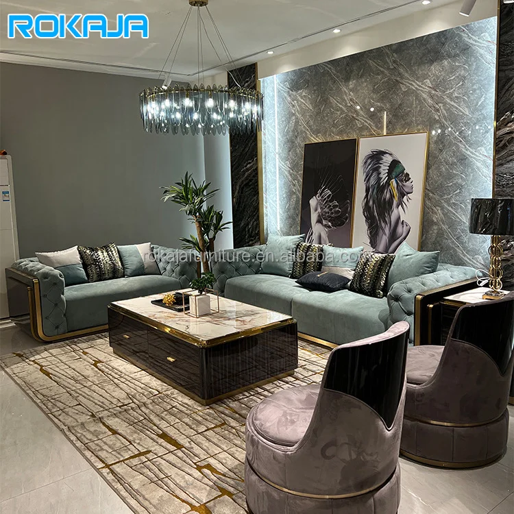 Modern Luxury Frosted Leather Sofa Set Glossy Wood Veneer Button Sofa High-End Villa Living Room Sofa Combination