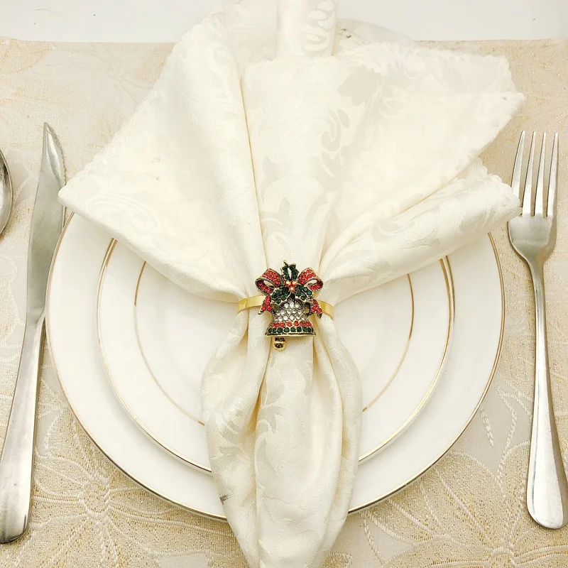 Christmas Jingle Bell Napkin Rings Gold Metal Napkin Ring Holder Rose Flower Napkin Buckle for Christmas HWC18