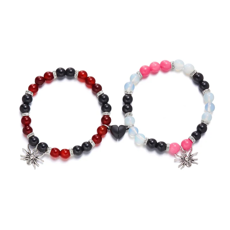 Halloween Spider Heart Magnetic Bracelet for Couple Lover Elastic Adjustable Colorful Beaded Attract Each Bracelet Set for Women