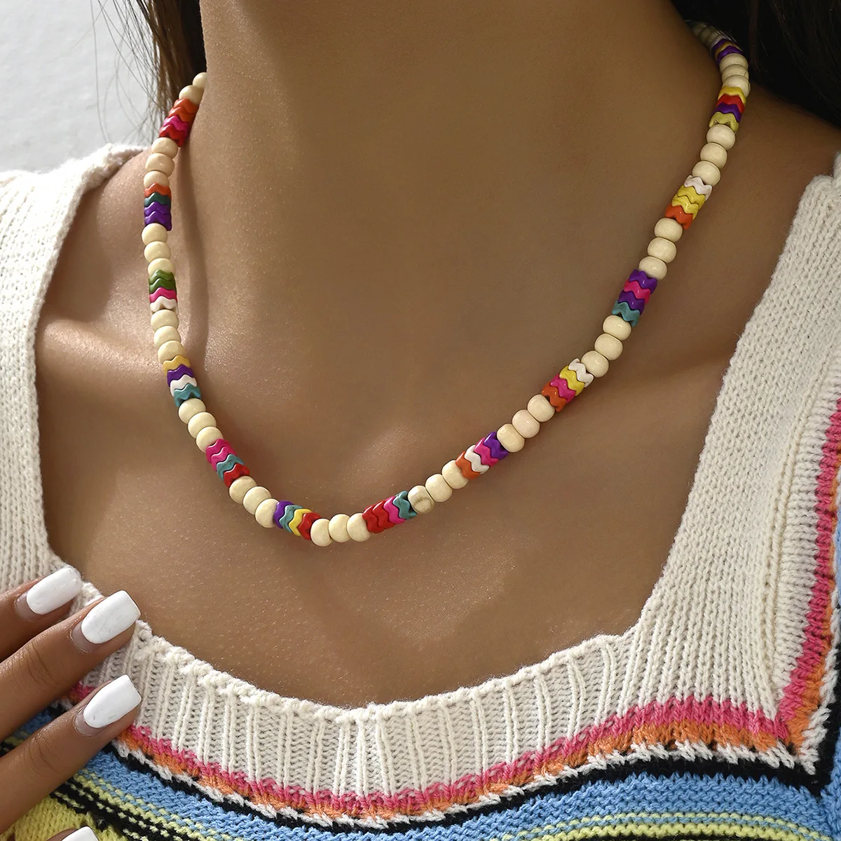 Colorful Wooden Puka Shell Necklace Seashell Natural Stone Beaded Long Choker Necklaces for Women Teen Girls