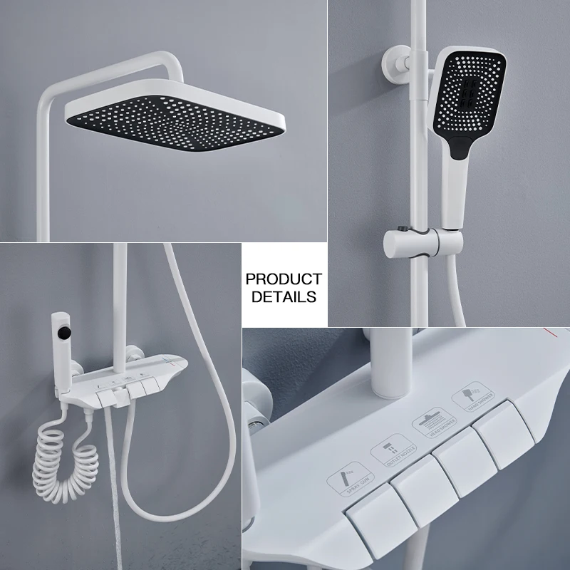 Luxury Wall Mounted White Rainfall Rain Shower Mixer 3 Function Piano Key Bathroom Shower Set