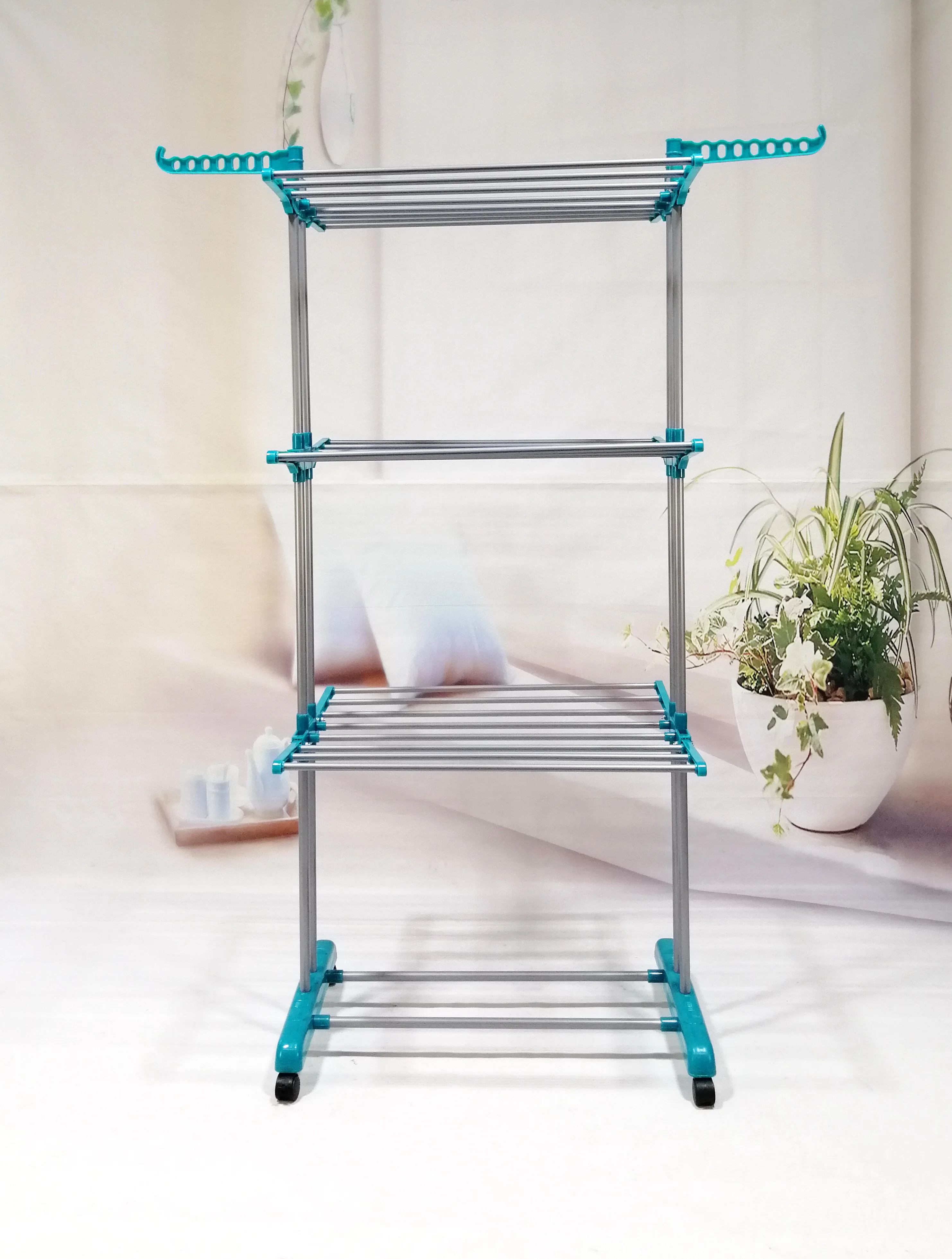 Luxury Half Foldable Wings 3 Tiers Clothes Drying Rack With Wheels Space Saving