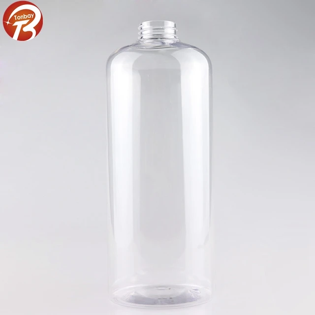Empty plastic  PET 1000ml boston round shape cosmetic water bottle / big size 1L water bottle/shampoo bottle