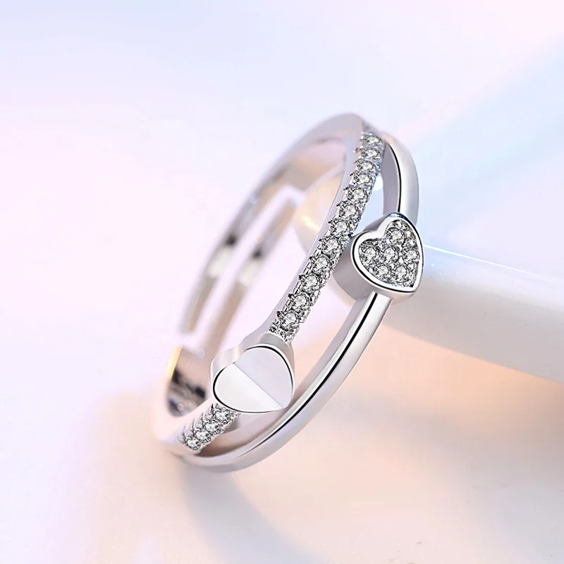 Hot Selling Items Jewelry Two Heart Adjustable Charm Ring Handmade Wholesale Women 92.5 Sterling Silver Open Heart Wedding Ring