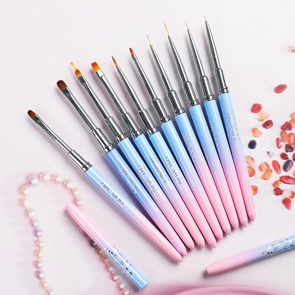 Custom logo Blue Gradient Kolinsky Nylon Hair French Stripe Nail Art Liner Draw Pen UV Gel Acrylic Nail Art Brush Set