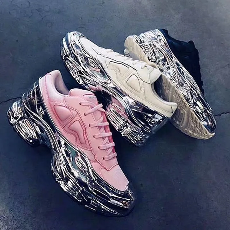 European New Style Raf Simons Ozweego Black Silver Metallic Leather Invisible 7 High Sports Running Shoes