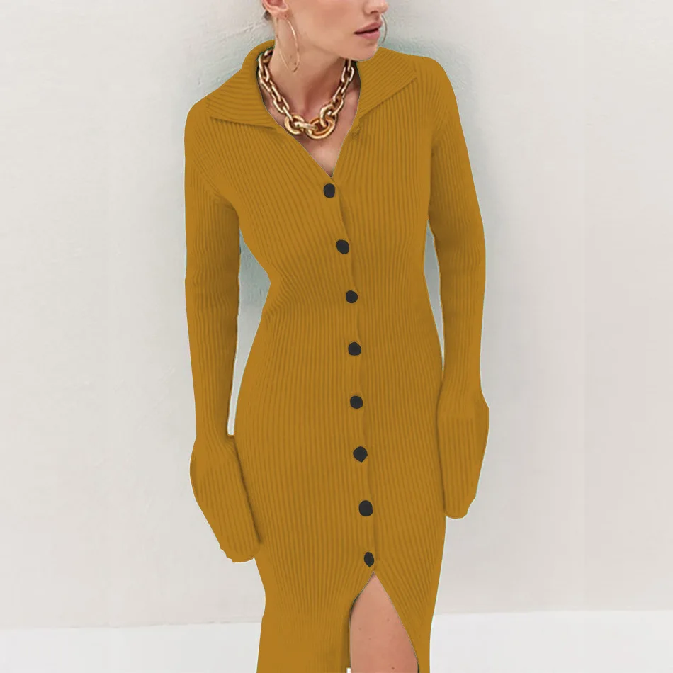 W5162 Best Hot Women Buttons Flare Sleeves Hanging Stripe Elegant Sweater Dresses Casual Party Knitting Bodycon Tight Midi Dress