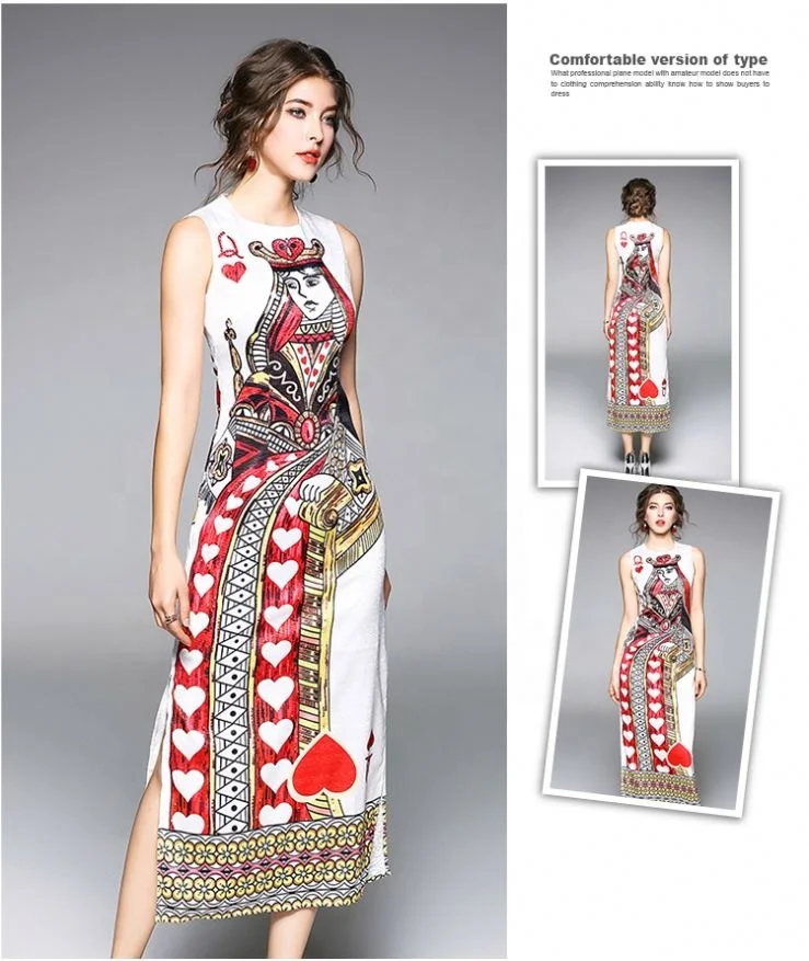 
Poker Flowers Print Sleeveless Runway Dress 