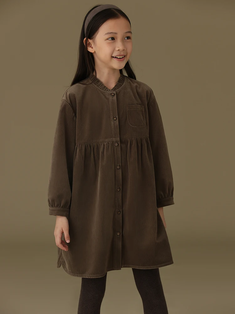 Winter New Casual Fungus Collar Open Button Corduroy Parent-Child Plus Velvet Long-Sleeved Girl Dresses 6 to 14 Years