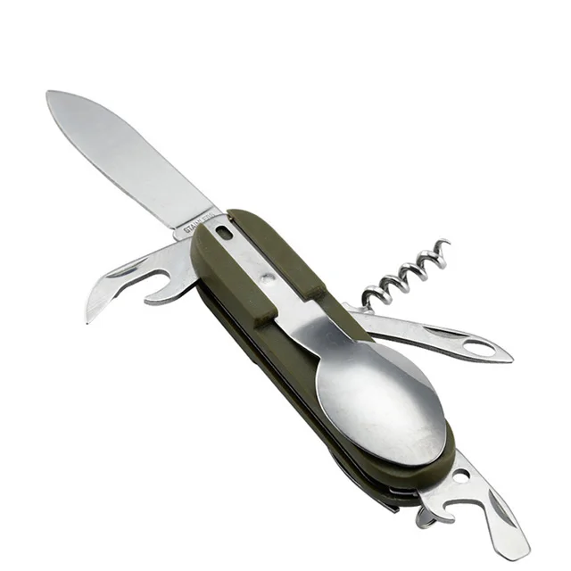 Army Green Folding Pocket Cutlery Stainless Steel Camping Tableware Knife Fork Spoon Bottle Opener