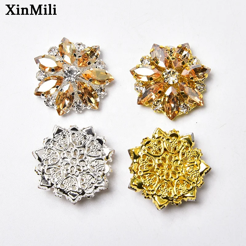 28mm Silver Gold Metal Inlaid Rhinestone Flower Button Flat Back Crystal Trim Buckle for Clothing Shoes Hair Accessories