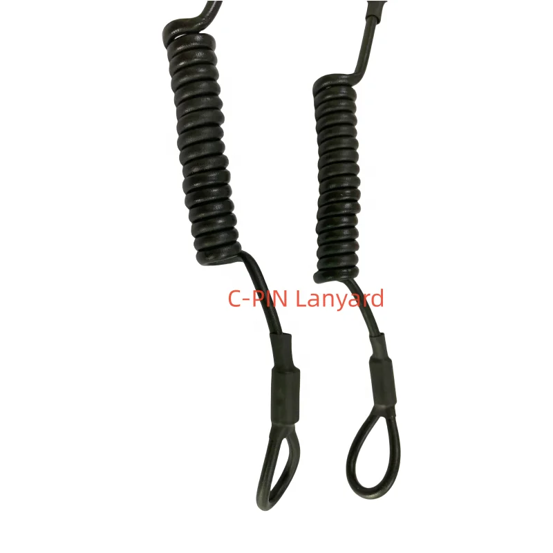 C-PIN 7*7 304 steel wire rope coiled coated black PU with two loop safety tool lanyard For fishing rod