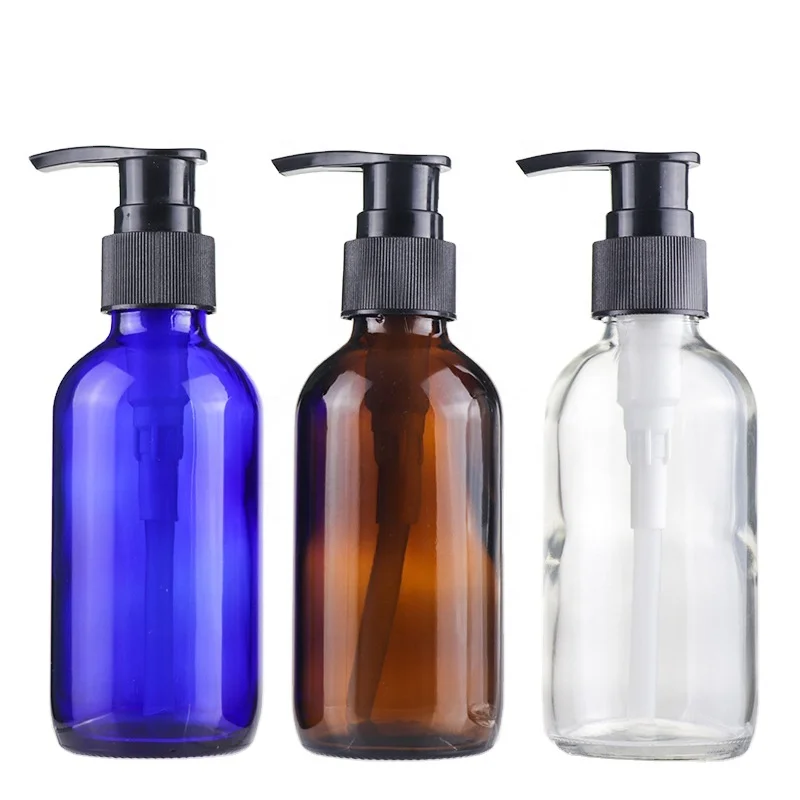 4OZ 120ml Empty Amber Blue Transparent Glass Boston Round Glass Essential Oil Bottles with Lotion Pumps