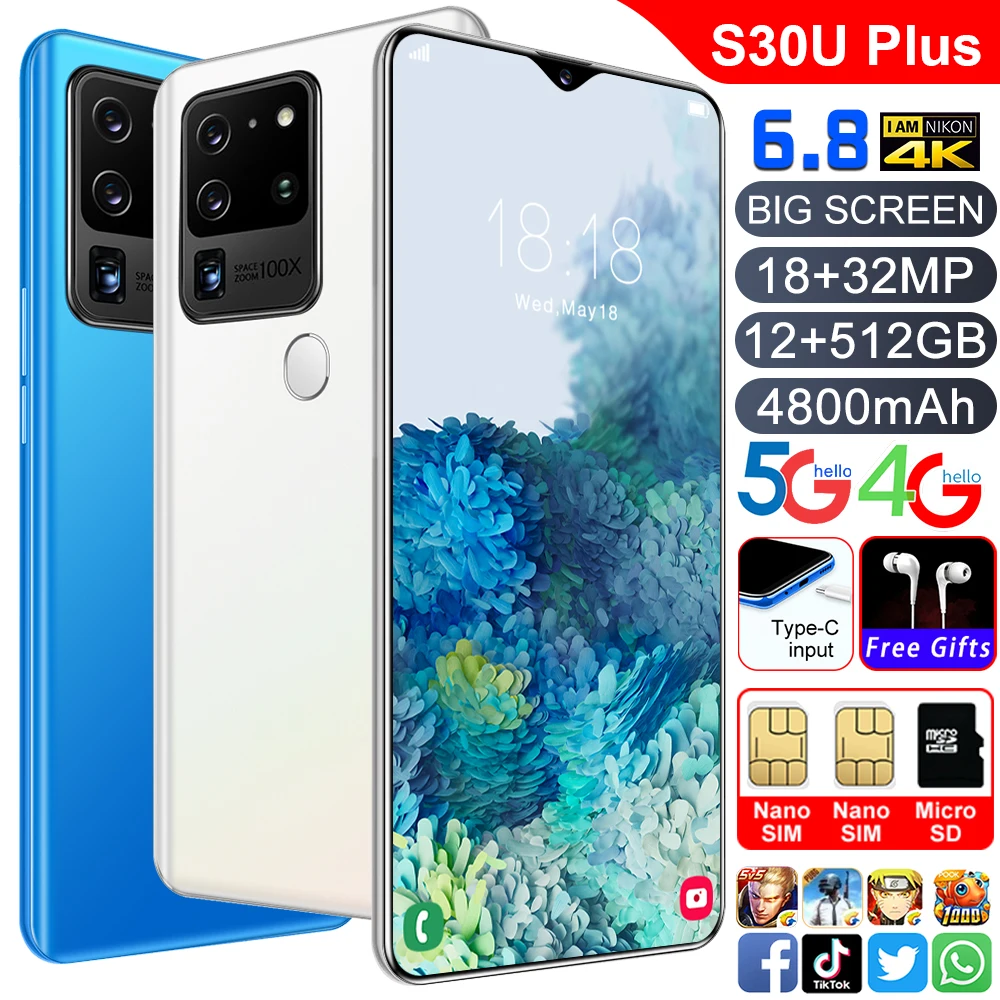 S30U Plus 6.9inch Smartphone 12GB RAM 512GB ROM Android Cellphone Dual SIM Mobile Phone Cell Smart