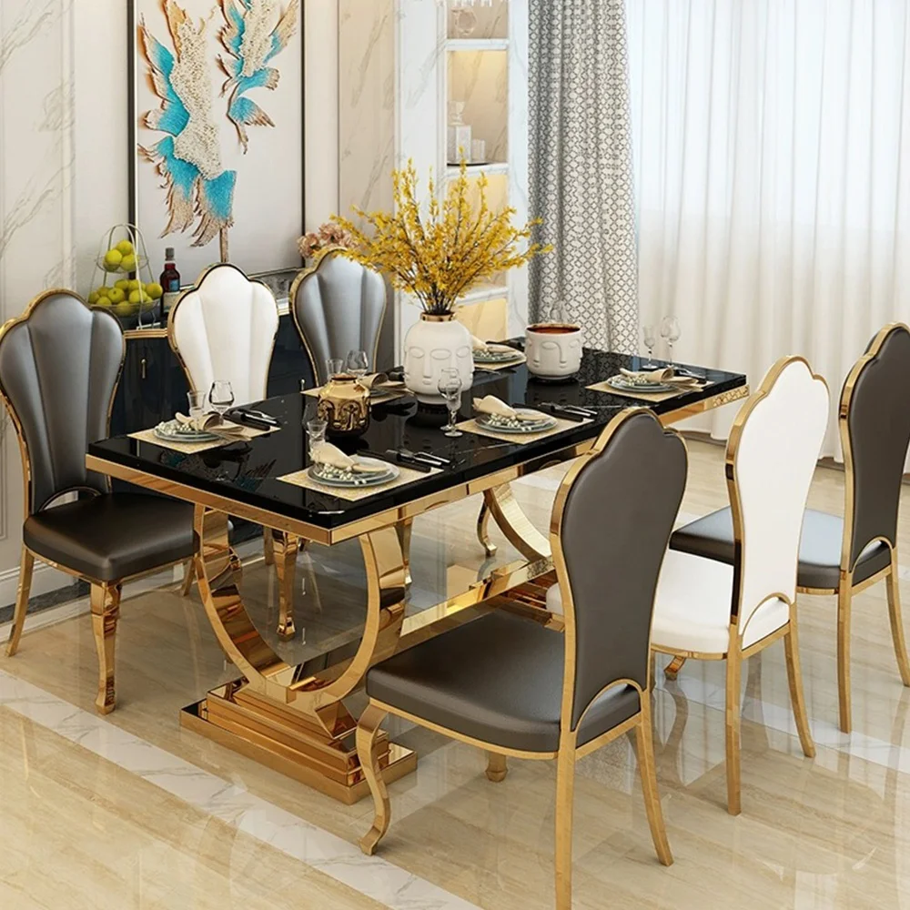 Foshan Furniture Marble Dining Table Set Restaurant Gold Metal Luxury Dining Table With 6 Chairs For Sale