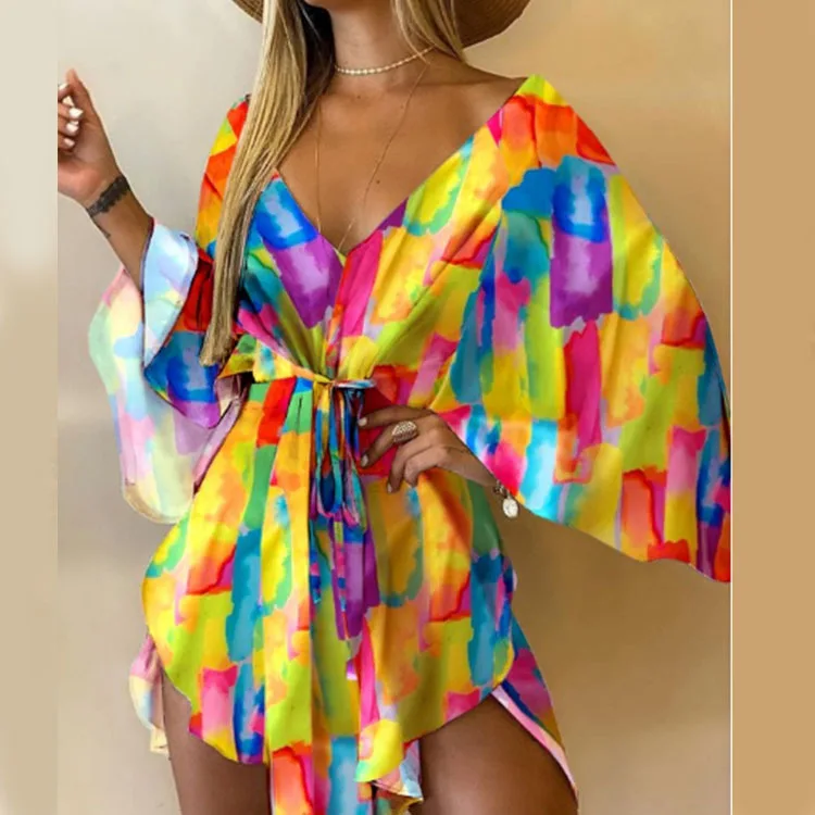 Batwing Sleeve Sexy V-Neck Leaf Print Party Dress Women Elegant Lace-Up Waist Dress Casual Irregular Beach Dress